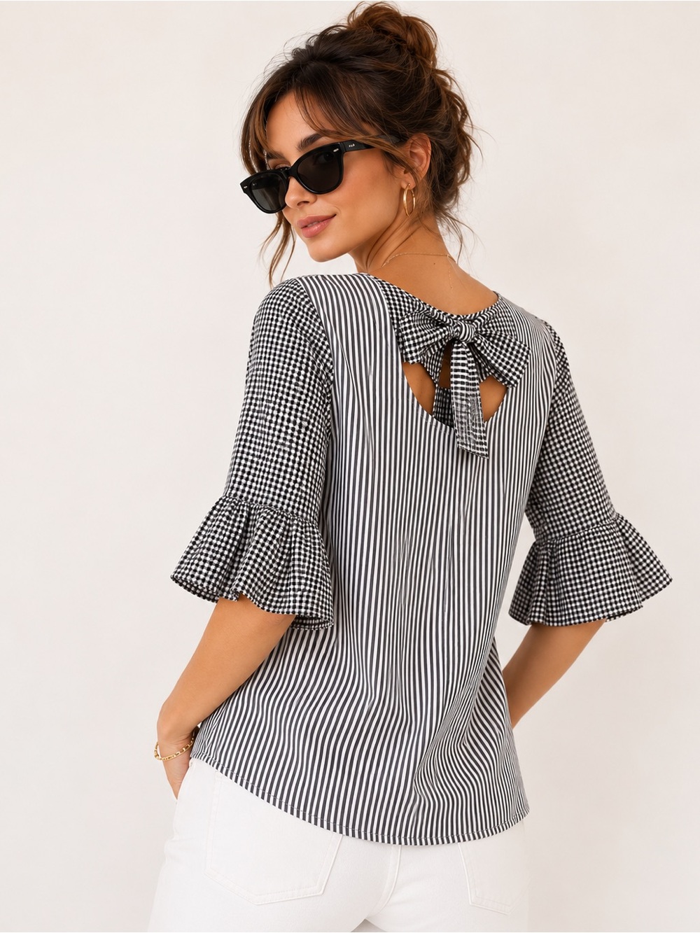 Black White Blouse Gingham Tie Back Ruffle Sleeve Cotton Top M Size